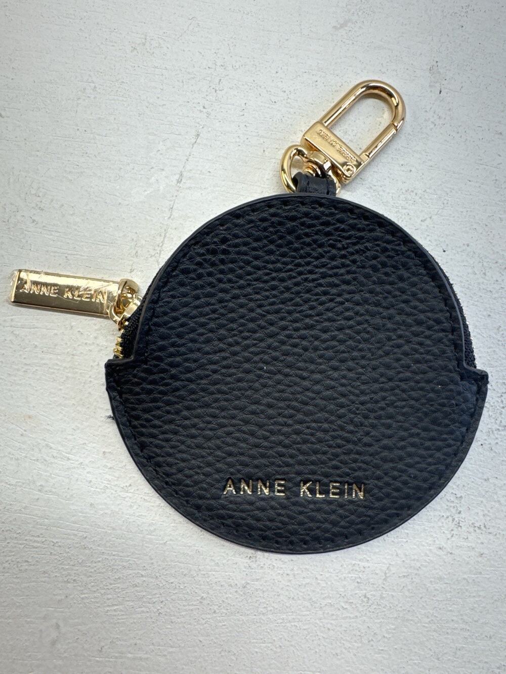 (241) Anne Klein Black Leather Round Coin‎ Purse Keychain Gold Tone Zip